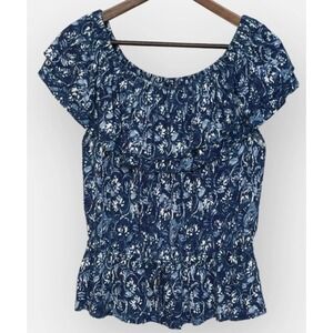 Lauren Ralph Lauren Blue Floral Linen Blend Ruffle Off Shoulder Peplum Top M